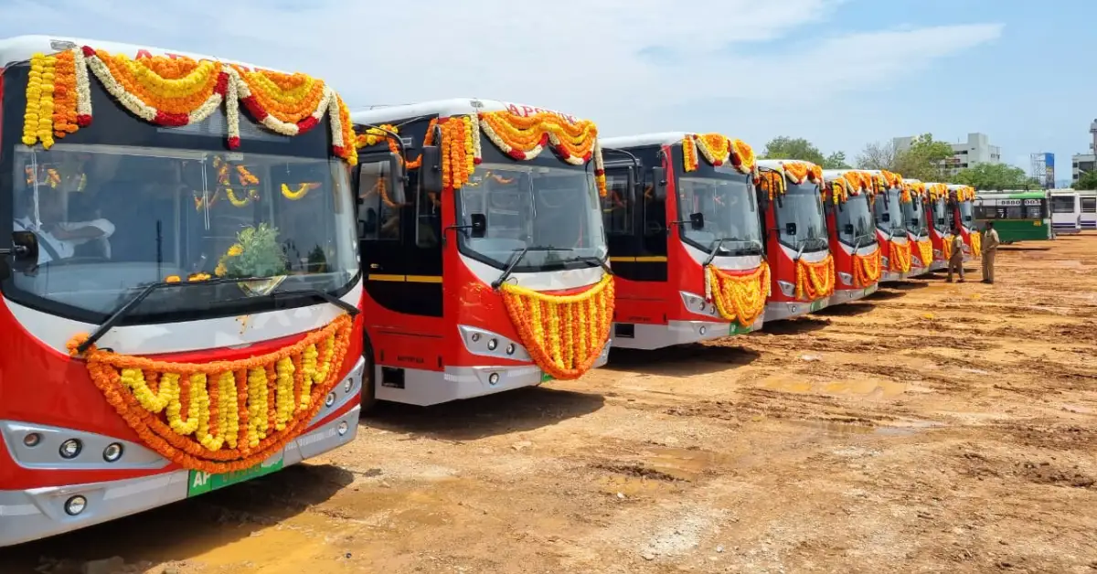 Picture of Olectra Greentech electric buses of APSRTC. With 9000 eBus Order, Olectra to Double its Production Capacity by 2024
