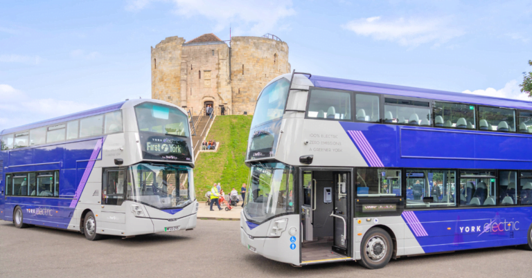 York Electric Buses: Picture of two First York electric buses in York city UK.