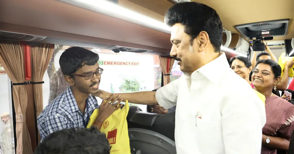2 TTDC Volvo 9600 Buses Flagged off by MK Stalin CM MK Stalin interacting with students on the inaugural day of the TTDC Volvo 9600 Buses