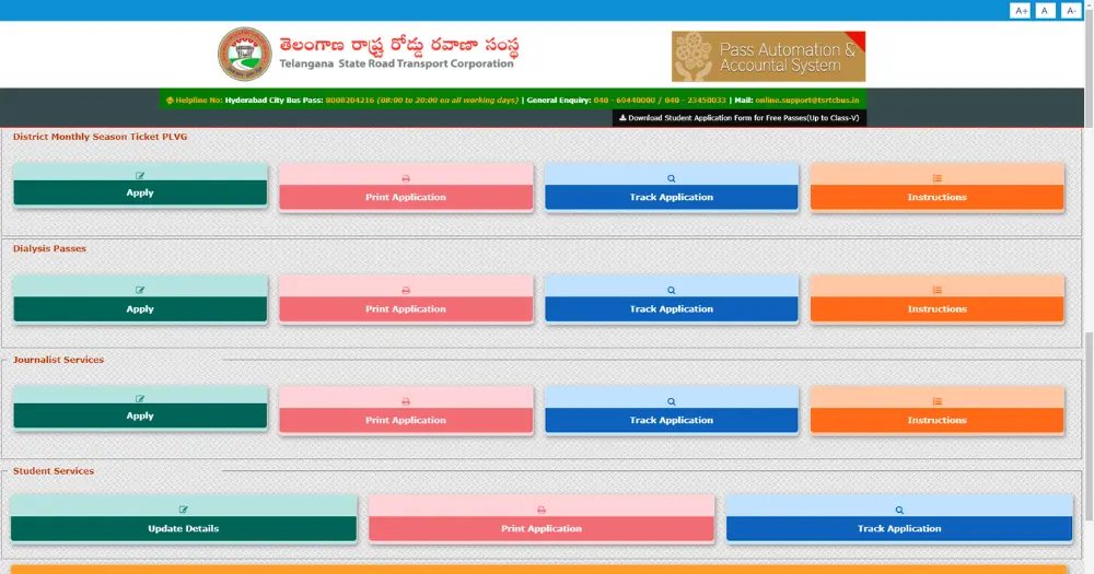 Step-by-Step Students Guide: TSRTC Bus Pass Application Online TSRTC Bus pass official website login page