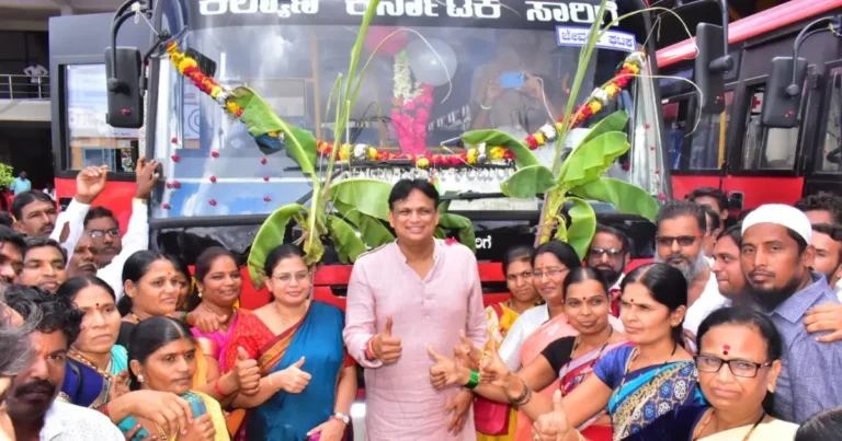 Bus flagged off under Shakti Yojana that allows free bus rides for women