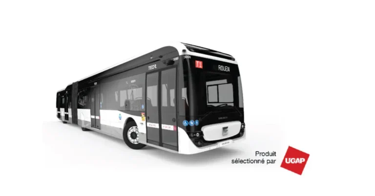 "Ebusco 3.0 electric bus model with black and white color scheme. Ebusco will deliver 100 of these buses to Rouen.