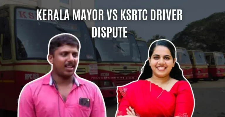 Kerala Mayor VS KSRTC Driver Dispute Explained. Image showing Thiruvananthapuram Mayor Arya Rajendran and KSRTC bus driver HL Yadhu in front of KSRTC bus.