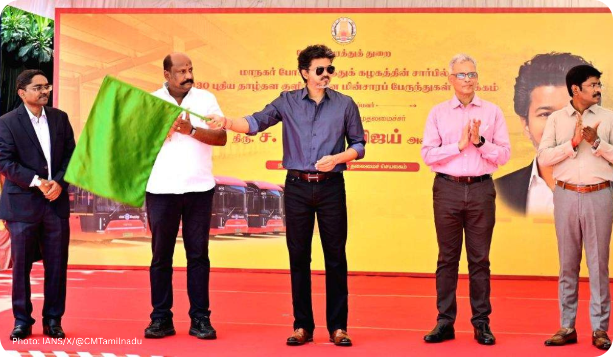 CM Vijay flags off 250 new buses in Tamil Nadu, including 130 low-floor AC electric buses for Chennai under the state's public transport expansion.